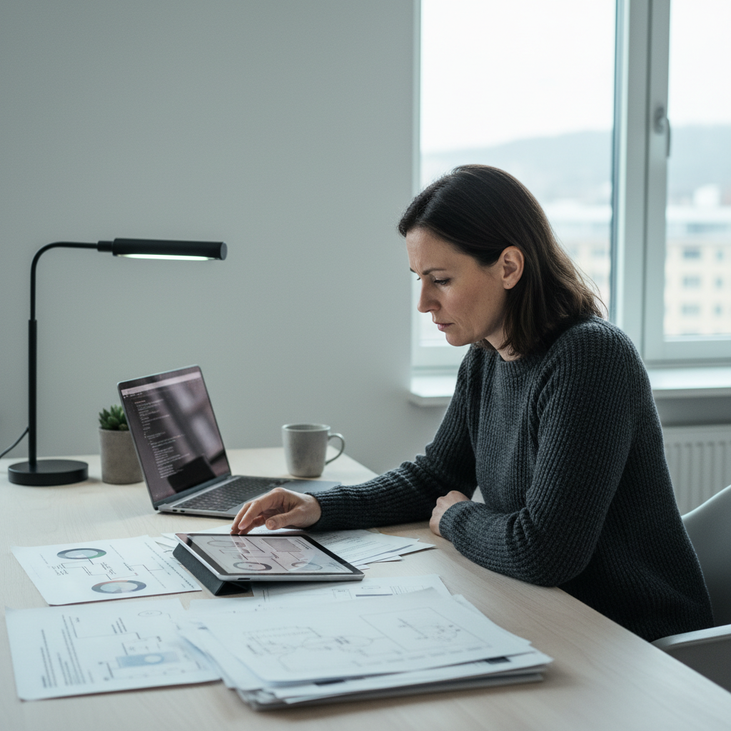 IT security manager reviewing cybersecurity compliance documentation in modern Nordic office
